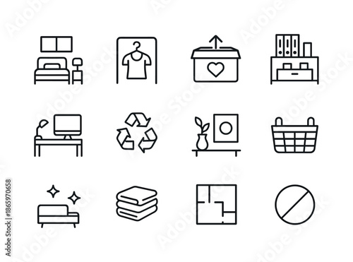Minimalist Icon Set. Minimalist lifestyle and decluttering trends. Line icon set of Minimalist lifestyle and decluttering trends: tidy room icon, capsule