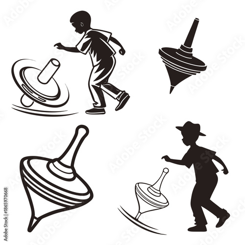 Children playing with spinning tops