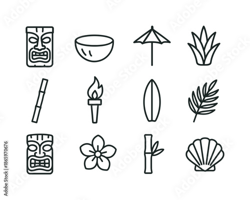 Tiki Bar Line Icons. Tiki Bar Icons. Line icon set of Tiki Bar Icons: tiki mug, coconut bowl, umbrella pick, pineapple crown, bamboo straw, torch flame,
