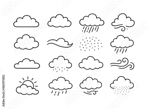 Doodled Cloudscape Icons. Clouds. Hand-drawn doodle illustration Clouds overcast block, soft low cloud, rain curtain, wind wave, sky puff, vapor curve, cloud