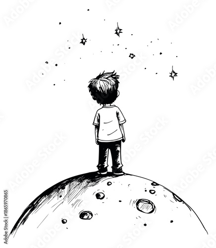 Hand drawn line art illustration of a boy on a planet depicting gazing at stars for childhood dreams