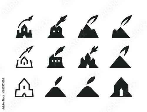 Attack Emblem Variations. Enemy camp under attack. Icon set. Set Logo of enemy camp under attack: incoming strike arc. harmonious logo variations of the same