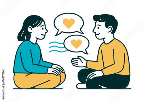Empathy in Conversation. Mental health awareness ? open conversation. Two figures sit facing each other with soft speech bubbles floating between them; hearts