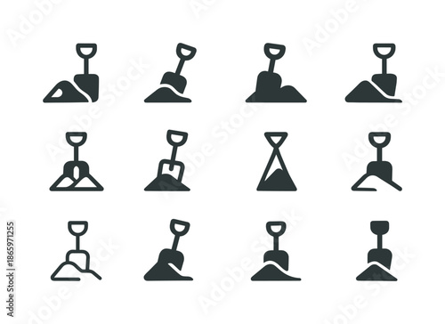Sandbox Shovel Logos. Sandbox shovel. Icon set. Set Logo of sandbox shovel: shovel & sand pile. harmonious logo variations of the same emblematic concept, each
