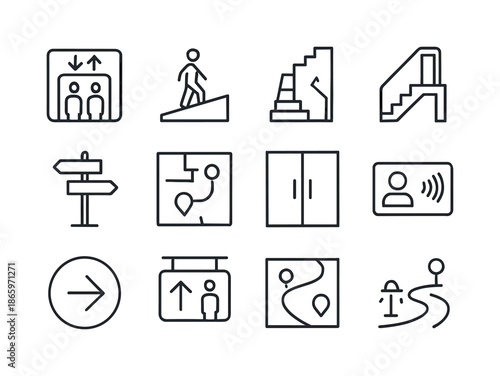 Skybridge Access Icons. Skybridge access. Line icon set of Skybridge access: elevator icon, access ramp, security gate, stairs entrance, directional signage,