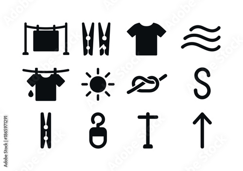 Clothesline Icon Set. Drying line. Solid icon set of Drying line: clothesline, pegs, towel, shirt, breeze wave, drip icon, sun circle, knot, hook, clip, line