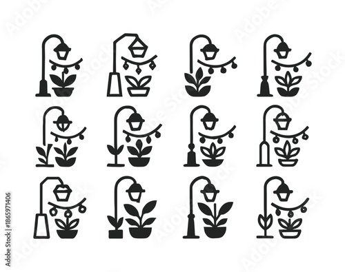 Fairy Lights Icon Set. Adding fairy lights around garden plants for evening ambiance. Icon set. Set Logo of adding fairy lights around garden plants for