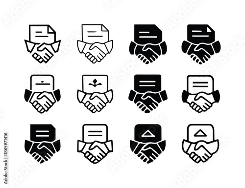Notary Icon Collection. The Role of Notaries and Public Notary Services. Icon set. Set Logo of Notaries and Public Notary Services: handshake and paper.