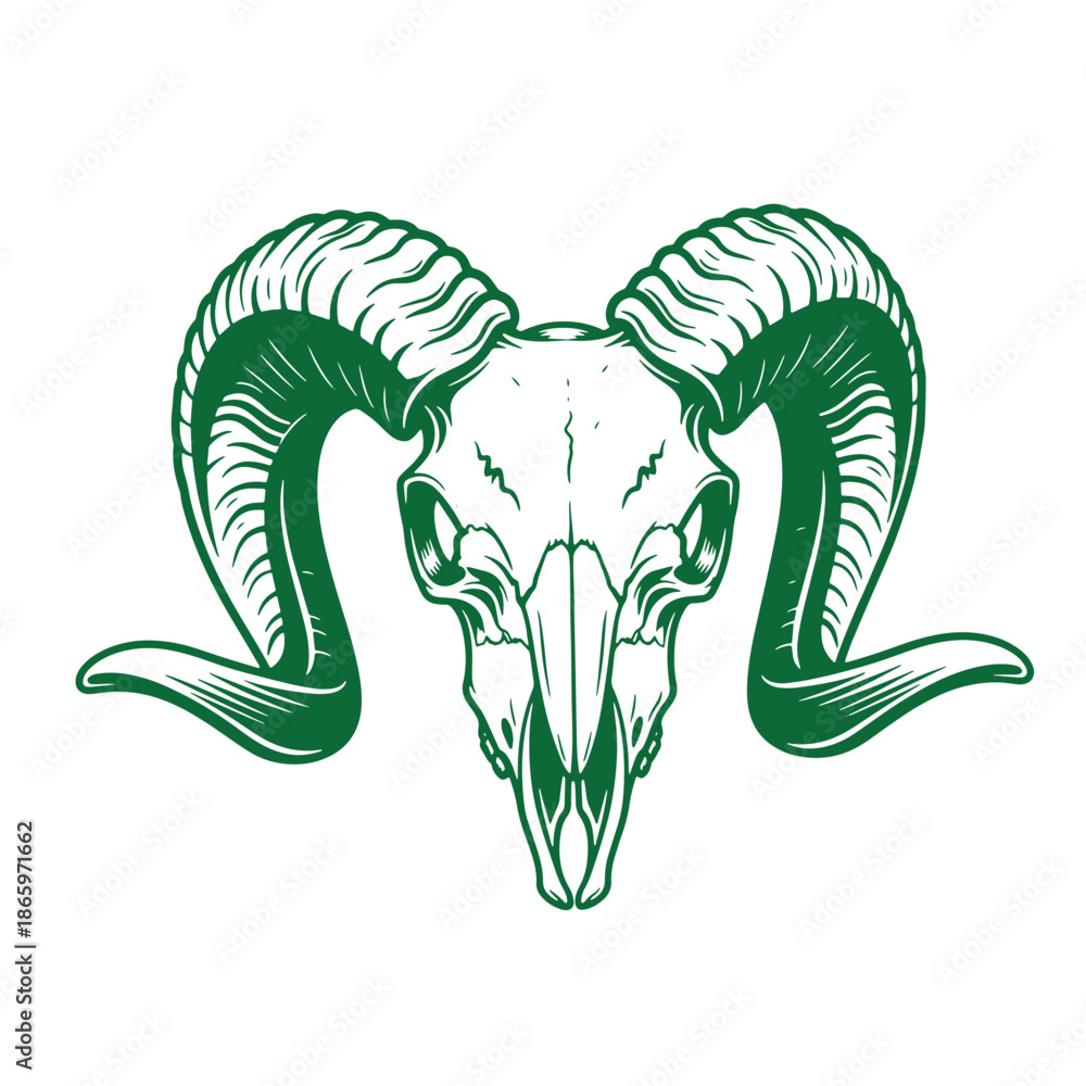 Obraz premium Green illustration of a ram skull with large curved horns on white background