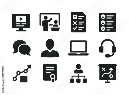 Interactive Training Icons. Interactive training. Solid icon set of interactive training: e-learning module, virtual classroom, quiz icon, feedback form,