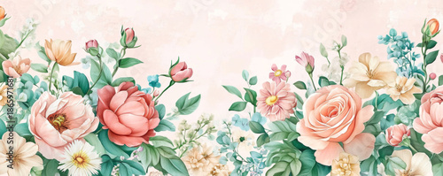 Soft Watercolor Floral Banner with Pink and Peach Flowers