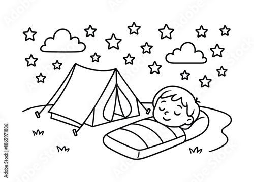 Starry Night Camping. Sleeping under the stars children?s coloring book illustration, outlined drawing, child in a sleeping bag beside a small tent with stars
