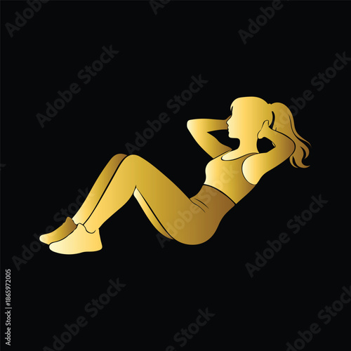 Golden female fitness silhouette doing crunch exercise, luxury workout illustration on dark background
