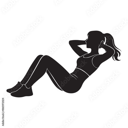 Woman doing abdominal crunch exercise silhouette, fitness workout pose, black vector illustration