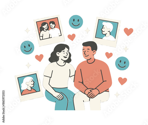 Nostalgic Friendship Memories. Friendships and life transitions ? memory moments. Floating polaroids and smile icons drift above two seated figures; hearts