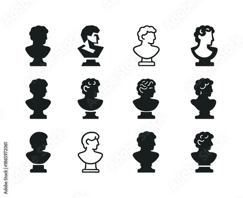 Sculptural Icon Variations. Sculpture. Icon set. Set Logo of Sculpture: bust on pedestal. harmonious logo variations of the same emblematic concept, each with
