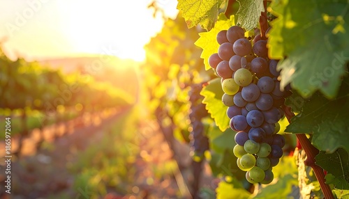 Vineyard at Sunset with Ripe Grapes and Golden Light.