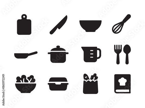 Kitchen Tools Icons. Eating and meal prep ideas. Solid icon set of Eating and meal prep ideas: cutting board, kitchen knife, mixing bowl, whisk, frying pan,