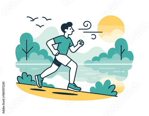 Morning Lakeside Run. Calm Morning Run. A figure jogs along a lakeside trail with soft reflections in still water and gentle mist rising. Minimalist birds and