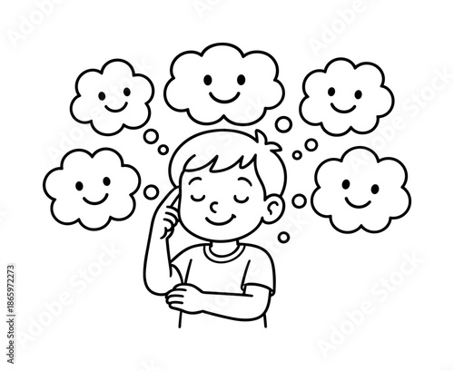 Smiling Thought Bubbles. Positive thinking children?s coloring book illustration, outlined drawing, child surrounded by smiling thought bubbles, educational
