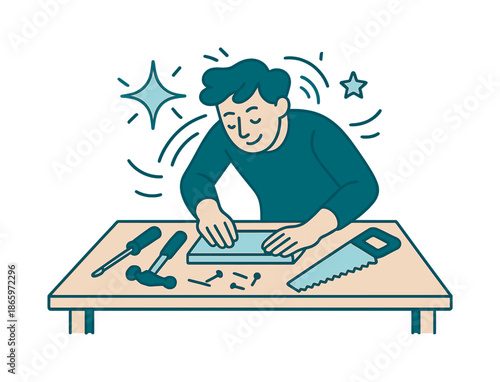 Creative DIY Workshop. DIY projects. A creator leans over a worktable surrounded by simple tools, sparks of inspiration floating above. Soft motion lines show