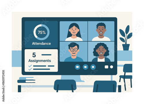 Modern Classroom Dashboard. Classroom dashboard. A digital interface shows attendance, assignments, and video tiles of smiling students. Clean, organized