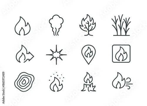 Wildfire Hazard Icons. Wildfire hazards. Line icon set of wildfire hazards: flame icon, smoke plume, burning tree, dry brush, fire spread arrow, spark symbol,