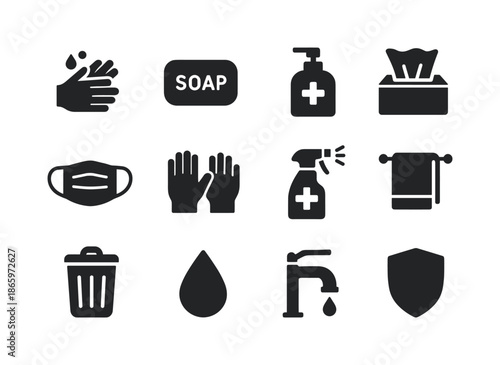 Hygiene Icon Set. Hygiene Practices. Solid icon set of hygiene practices: handwashing, soap, sanitizer, tissue, face mask, gloves, disinfectant spray, towel,