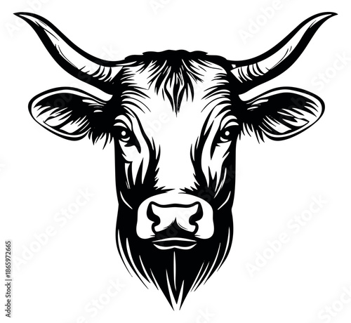 Line art illustration of a bull head depicting a frontal view for agriculture and farm designs