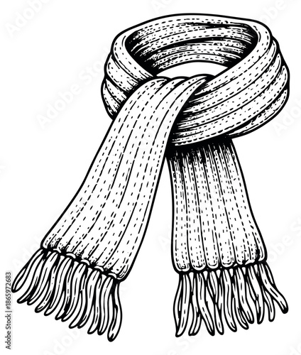 Hand drawn line art illustration of a winter scarf depicting a knotted, fringed garment for cold weather and fashion designs