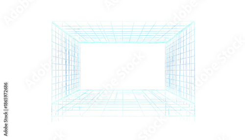 Glowing blue wireframe box floating against a black background