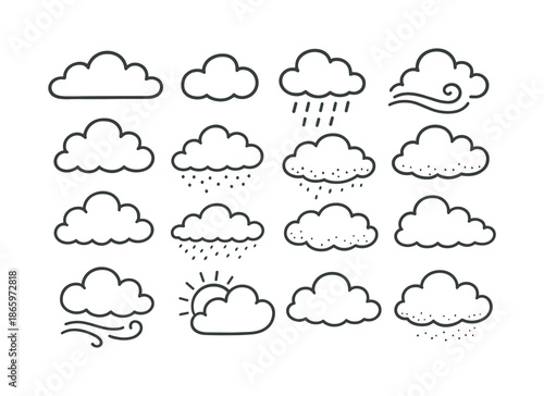 Doodled Cloudscape Icons. Clouds. Hand-drawn doodle illustration Clouds overcast block, soft low cloud, rain curtain, wind wave, sky puff, vapor curve, cloud