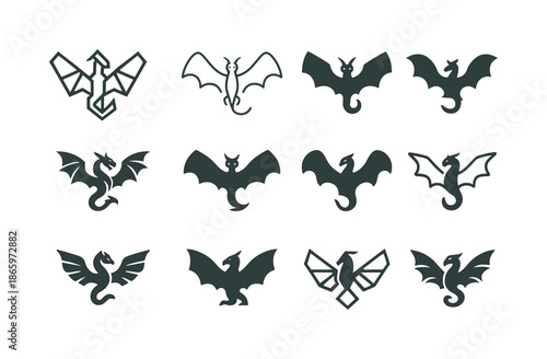 Winged Creature Logos. Winged creatures. Icon set. Set Logo of winged creatures: dragon with wings spread. harmonious logo variations of the same emblematic