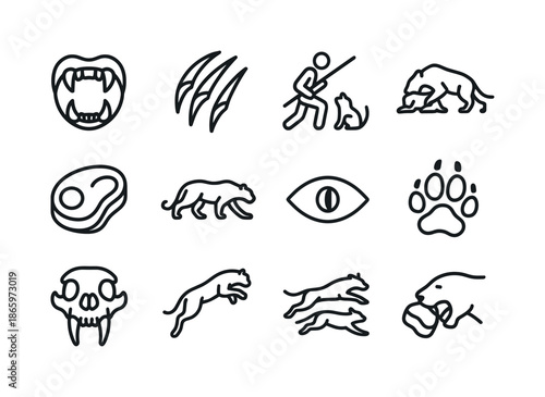 Carnivore Icon Set. Carnivores. Line icon set of Carnivores: sharp teeth icon, claw icon, hunting silhouette, prey capture, meat chunk icon, stalking pose,