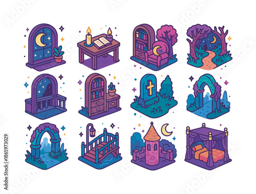 Whimsigoth Icon Set. Whimsigoth Scenes. Colorful isometric vector icons set of Whimsigoth Scenes: moonlit window, candlelit desk, cozy gothic nook, enchanted