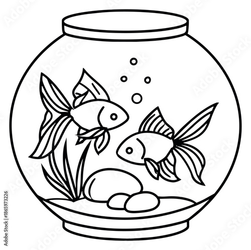 Hand drawn line art illustration of two goldfish in a fishbowl depicting them swimming for aquatic pet designs