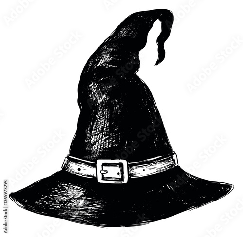 Hand drawn line art illustration of a witch's hat depicting a classic design for Halloween celebrations