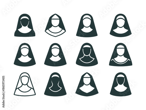 Religious Attire Icons. Religious attire and traditional clothing. Icon set. Set Logo of Religious attire and traditional clothing: Catholic nun