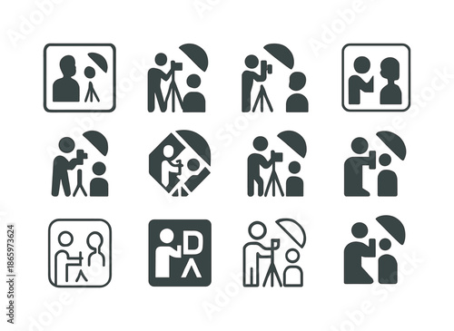 Studio Portrait Icons. Taking portraits in a studio. Icon set. Set Logo of Taking portraits in a studio: exposure meter. harmonious logo variations of the same