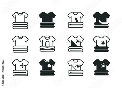 Summer Clothes Icon Set. Putting away summer clothes. Icon set. Set Logo of putting away summer clothes: folded T-shirts stack. harmonious logo variations of