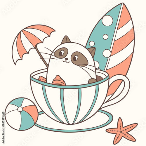 A Shy Birman with sitting in a teacup ride in a Under the Sea theme – Ocean Dreams palette SVG illustration