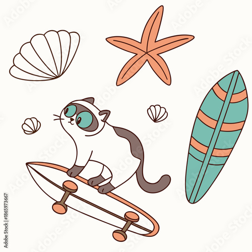 Cute Playful Birman, accessorized with riding a skateboard, in a Under the Sea world – Ocean Dreams palette vector