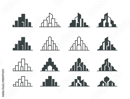 Urban Sprawl Logos. Urban sprawl. Icon set. Set Logo of Urban sprawl: growing skyline. harmonious logo variations of the same emblematic concept, each with