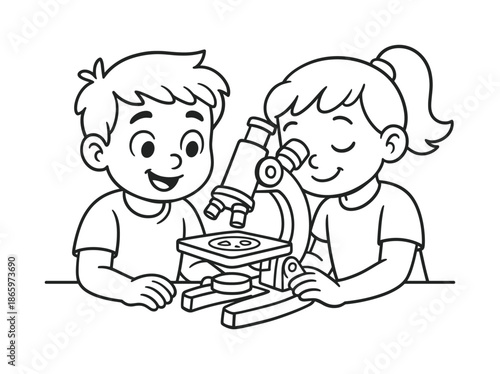 Microscope Fun for Kids. Microscope teamwork children?s coloring book illustration, outlined drawing, a pair of friendly characters looking at a simple