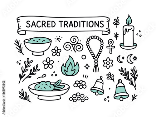 Sacred Ritual Symbols. Sacred Traditions. Hand-drawn doodle illustration Sacred Traditions scroll (accented), candle, ritual bowl (accented), flowers, beads,