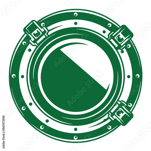 Green porthole window with metal frame and bolts  nautical design element