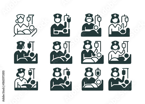 Nurse Care Logos. Nurses Caring for Patients in Hospitals. Icon set. Set Logo of Nurses Caring for Patients in Hospitals: nurse adjusting IV drip beside