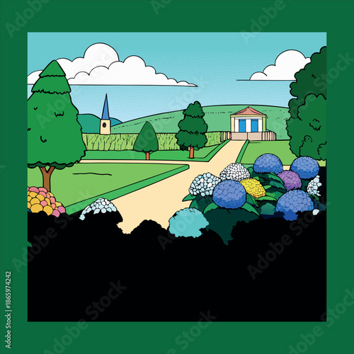 Formal garden walkway between fence