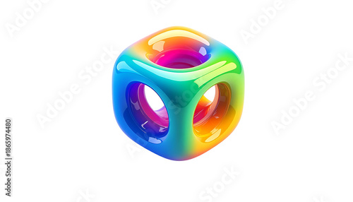 Glossy, rainbow-colored geometric shape, 3D rendered, floating in black space