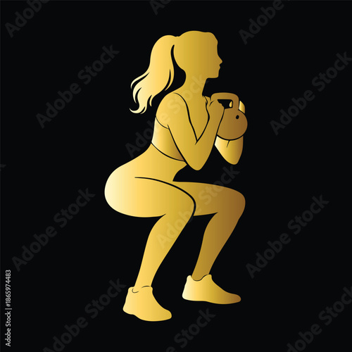 Golden woman squat exercise silhouette holding kettlebell, luxury fitness illustration